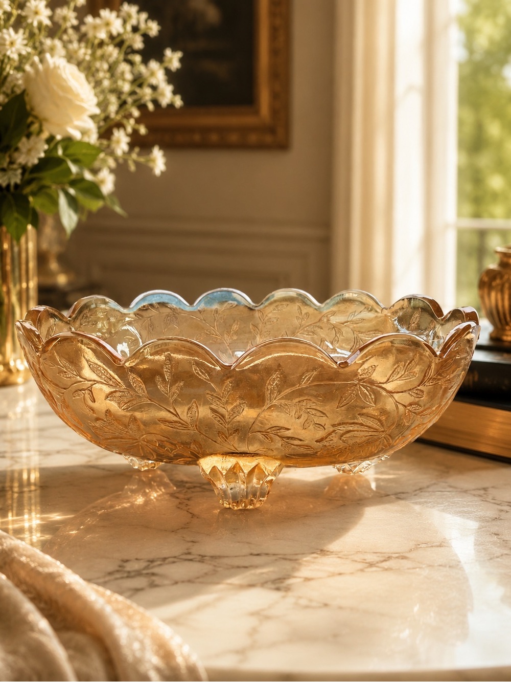 Jeannette Glass Iridescent Floragold Louisa Carnival Oval 4 Toed Open Candy Dish